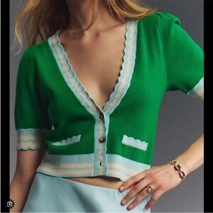 Maeve by Anthropologie Short-Sleeve V-Neck Cardigan Sweater - Green - Size XS